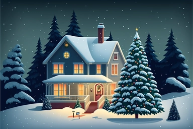 Stunning Vector clip art Christmas scene. frosty winter evening, snow is falling gently outside. The Christmas scene is one of festive cheer, as a cozy house is adorned with twinkling Christmas lights and colorful decorations. A tall Christmas tree with o
