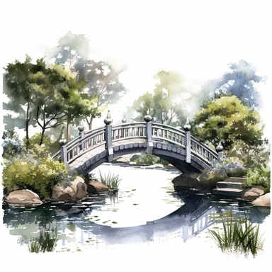 one garden bridge clipart on a white background, in the style of chie yoshii, heavy texture, artgerm, hiroshige, realistic and naturalistic textures, nature-inspired shapes, die brücke , no watermark, text, 300 DPI , typography, shapes do not stick together, no text in the picture, on a white background