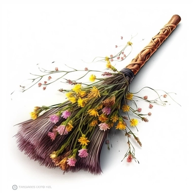 realistic clipart of a witch's broom decorated in spring flowers, digital painting, white background, 32K