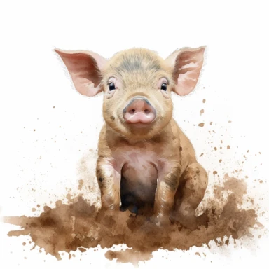 Watercolour cute baby pig sitting in mud, beautiful details, ultra detailed, ultra photo real intricate detailed, high definition, graphic clipart, hyper realistic, detailed, white background