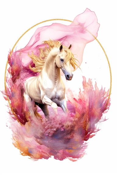 beautiful gorgeous alcohol ink of gold serene nature scene with a central focus on a pink horse , minimalist style, crystals, glam, glossy, glitter texture, liquid ink clipart, modern and stylish design, bright colors, 300 dpi, clear decoration, clear white background, highly detailed digital art, 8k