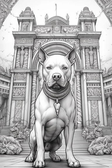 a realistic coloring book style hyper detailed image of a vicious muscular vibrant pit bull with clipped pointy ears, standing guard confident in front of an egyptian pryamid entrance, a low rider, a beautiful african queen, and a muscular mexican hip hop man, realistic coloring book page