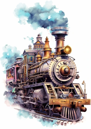 Locomotive Steampunk, big beautiful locomotive, bursting with steam, Steampunk Clipart, Retro Futuristic, Victorian Era Art Print, colorful, details, high quality 8K, white background