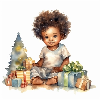 Cute christmas tree with black skin baby boy fairy opening gifts Christmas watercolor Clipart