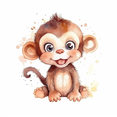 watercolour cute baby monkey. kids cartoon. clipart. white backgroun