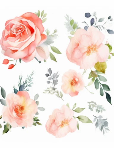 loose watercolor flower composition of roses watercolor clipart on white background, Etsy listing cover, flower arrangement, floral composition,