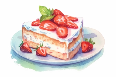 picturesque,a bright simple strawberry sponge cake on dish in family restaurant, mint, clipart on white background, watercolor style,detailing, high quality, painted by Beatrix Potter, 8k