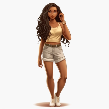 beautiful black teenage girl with beautiful long hair to her waist, dressed casually. Full perspective and, long shot A young black woman with full lips and a big beautiful smile, dressed in khaki shorts and a tank top, has long hair and beautiful shapely legs, wearing heels, clipart in the style of digital airbrushing, feminine sticker art, dollcore, realistic face, realistic body, glamorous,