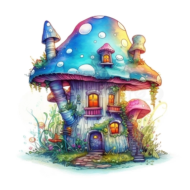 create an illustration featuring magical blue mushroom house clipart, small flowers, vibrant colors, rainbow colors, magical, whimsical, fairytale, against a white background, harlequin cyberpunk, highly detailed