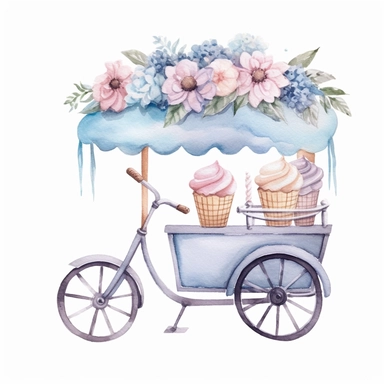 Watercolor wedding icecream blue stand, wedding clipart, simple, soft colors, cartoon elements, watercolor boho style, white transparent