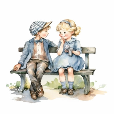 adorable little vintage boy and girl walking sitting on a bench, watercolor clipart, high quality clipart, no background , high details
