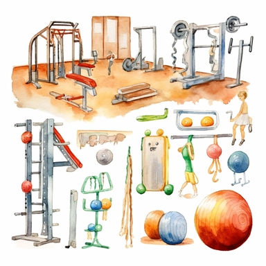A school gym clipart in the style of watercolor illustrations, white background