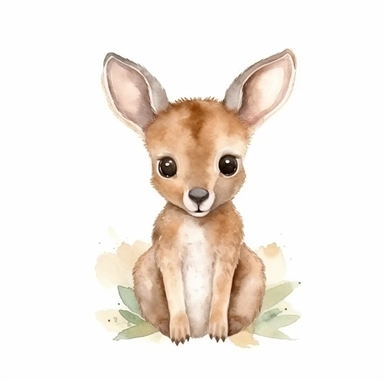 a harmonious baby kangaroo with kind eyes clipart with watercolor illustration,full body shot,8k,etsy style, white background