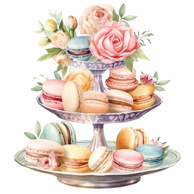Clipart, Watercolor, Blush Peony Shabby Chic Tier Candy Tray with cupcakes, Macarrons and sandwiches, light colors, hand-draw, texture