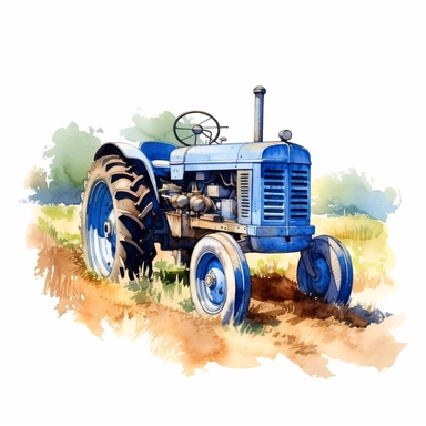 detailed watercolor blue tractor on farmland in summer clipart