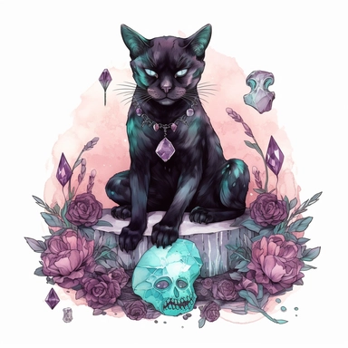 hand drawn black cat, sitting with front paw resting on a skull, flowers and crystals, shades of burgundy purple and teal, romantic and edgy, very detailed and realistic, watercolor, clipart style