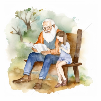fantasy imagery a grandfather with a white beard read a book to his little granddaughter who is sitting on his lap watercolor clipart--no text no watermark