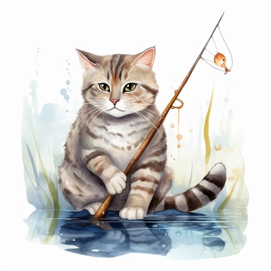 Cute Fishing Cat Watercolor Sublimation Clipart, Clipart, white background, no watermark, no text, no word,