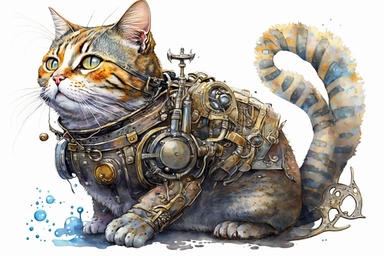 watercolor clipart, A beautiful cat with a steampunk-style mechanical fish in its paws, hd, on white background,