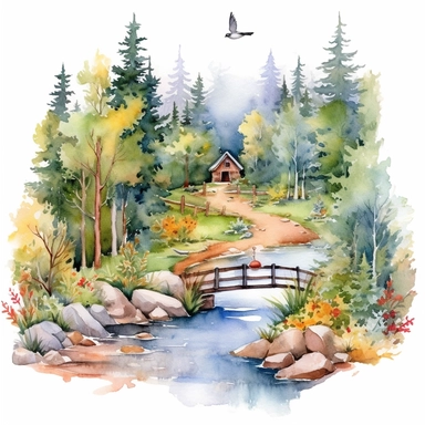 watercolor clipart painting of a Colorado mountain landscape, with evergreen pine trees, pinecones and sage green trees, with some yellow aspen trees and white birch trees, log cabin in the wood with smoke coming out of the chimney. there is a little bridge over the blue and green stream with rocks and lily pads in the babbling brook, a red cardinal and some hummingbirds, butterfly and dragonfly, a dusk sky with a moon and a few stars, hd, magical and whimsical illustration with a little gold gl