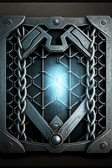 grungy metallic Flat coloured card design of a symmetric thick silver chain link icon cardback , cartoony clipart card design, Logo, glowing Gundam visor magic spell icon, little-flat Graphic Design , grey metal grid background