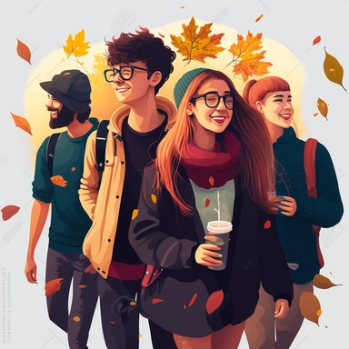 clipart of a modern friend group of college students having fun together in fall weather, animated, 3D, modern, realistic