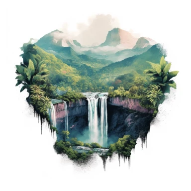 A breathtaking clipart illustration portrays a majestic waterfall as it cascades down a lush, green mountainside. The waterfall is a mesmerizing sight, with water gushing down in a graceful and powerful manner, creating a veil of mist and a soothing sound. The surrounding mountainside is covered in vibrant green foliage, adding to the scene's natural beauty and tranquility. Artist: This captivating clipart illustration is crafted by a skilled artist specializing in nature and landscape illustrat