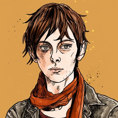 fashionable serious skinny young man desert punk bandanna DJ Qualls, Josh Kirby Mad Max Lord of the Rings, handpainted enamel punk zine indie retrowave, clipart illustration, circular frame solid background, circular border