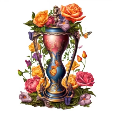 Clipart, A charming hourglass nestled amidst flowers, isolated on a white background with a wide margin