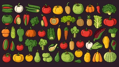 vegetables vector clipart vector vegetables cute collection, in the style of #screenshotsaturday, flat areas of color, flat color blocks, 1970–present, rough-edged 2d animation, lightbox, colorful animation stills