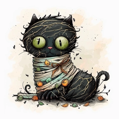 cute mummy black cat halloween, Watercolor style, Clipart,highly detailed on white background