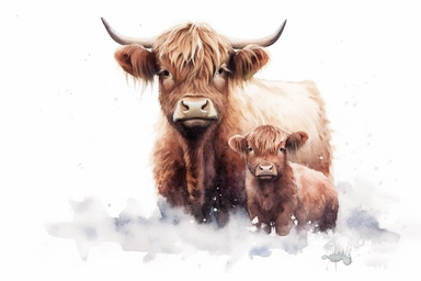 detailed watercolor illustration of a cute highland cow and calf in the snow, clipart, plain isolated white background, 8k ultra detail high sharpness