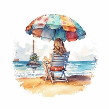 Vintage Cute Beautiful The girl lying on the beach chair and under the sea umbrella Back View Watercolor Sublimation Clipart,Cartoon, hyper realistic, intricate detail, illustration style,high solution,on the white background