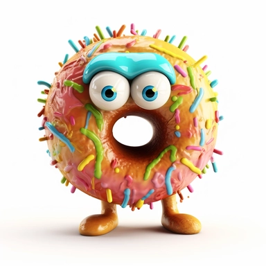 clipart of a messy female donut, there is a funny face in the female donut, cartoon, for kids, rainbow color frosting, funny, pixar, 8k, white background, sharp focus, detailed,