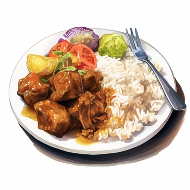 watercolor curry goat , white rice, steamed cabbage, west indian food, carribean food, clip art , hd, white background, spaced out, cartoon realism details--ar 3:2