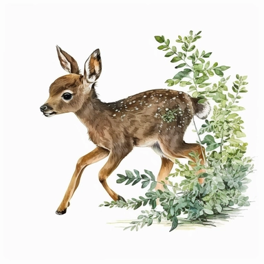 watercolor woodland animals clipart, realistic baby deer running in forest, white background,