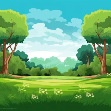 Cartoon, childrens book illustration, clip art, simplistic flat art vector image of a flat green grassy jungle area with trees around a clearing, blue sky, hd, no watermark