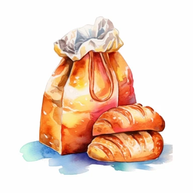 a single clipart image png graphic of a Realistic Vibrant Painting Watercolor Clipart Cute Lunch Bread in paperbag PNG Illustration