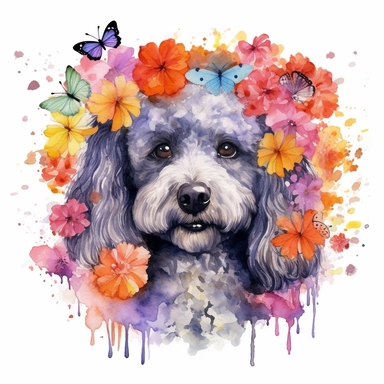 a vibrant watercolor clipart image of a dog Poodle with a white background, surrounded by colorful flowers and butterflies.
