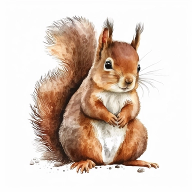 cute squirrel, watercolor clipart, realistic, childlike animal illustration, isolated on white background, Beatrix Potter, clean blended strokes, ginger and dark brown color, eating