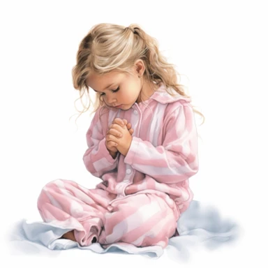 Watercolor cute praying little girl, kneeling by bed, pastel pink pajamas, beautiful details, ultra detailed, ultra photo real intricate detailed, high definition, graphic clipart, hyper realistic, detailed, white background