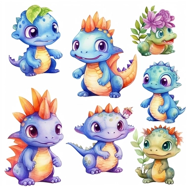cute dinosaurs, nursery clipart, watercolor, kawaii, big eyes, smiling, cute