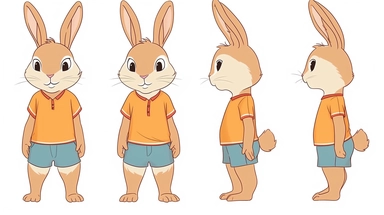 clipart,A cute little rabbit wearing a bright shirt and shorts+three Kans, with three perspectives on the front, side, and back, in different poses. The little rabbit has a small and cute body, with furry white fur and a pair of long ears. Its bright black eyes exude a clever and curious expression. A mischievous expression, he often wears bright shirts and shorts, full of vitality.clipart style, full body with both feet, painting, illustration, style, beautiful cartoon style, three images