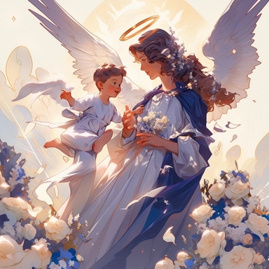 detailed illustration of mother angel holding baby, smile, flower splash, vintage design, realistic pastel colors, vector art, cute, fantasy art, love, detailed watercolor effect, digital paint, soft light, panoramic view, isometric style, vintage aesthetic, character focus, 4K resolution, no background, realistic rendering, use using Cinema 4D, isolated white background, logo style, clipart