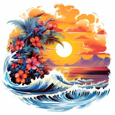 artwork majestic palm tree in digital painting style, beautiful flowers, sunrise mountains and clouds, big sea waves japanese style, water splashes, white background, colorful fantasy flower surround, highly detailed clean, vector image, photorealistic masterpiece, professional photography, realistic, flat white background, isometric, vibrant vector, clipart, illustration, realism, 4k, cinematic, front view, white background