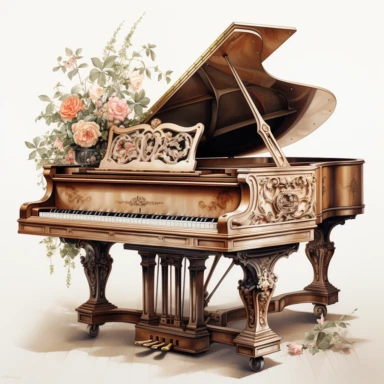 hyperrealistic ultra detailed watercolor clipart, victorian piano with flowers, white background, in the style of digital print, clipart, illustration, sticker, ultra high definition, rich details, 32K, HD