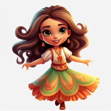 Beautiful mexican style girl, happy dancing, with beautiful eyes and beautiful smile, disney style, full body,on white background, big eyes, clipart, cartoon, inkley studio, smiling, outlines, Cinco de Mayo, with a beautiful typical Mexican dress,, charming anime characters Thomas Kinkade Nadja Baxter Anne Stokes Nancy Noel