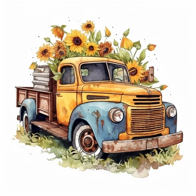 vintage truck picking up sunflowers drawn in watercolor, vector design, cutout,Sublimation Clipart ,Cartoon,hyper realistic, intricate detail, illustration style,high solution,on the white background