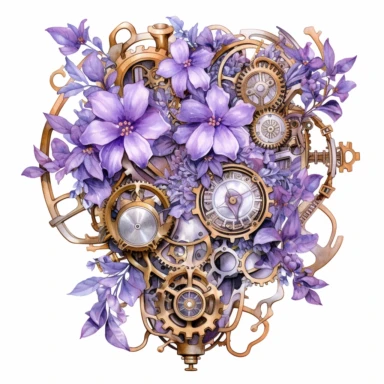 clipart white background intricate detailed steampunk lilac flower, watercolor