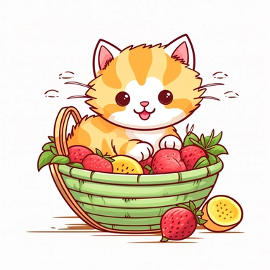 Clipart of a cute cat eating fruits kawaii style full multicolor white background